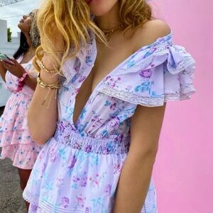 LoveShackFancy White and Purple Ruffled Tiered Mini Dress